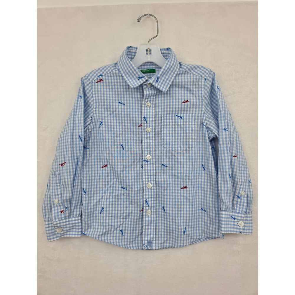 United Colors of Benetton Kids Blue Gingham Paper Airplane Button Shirt XX 3